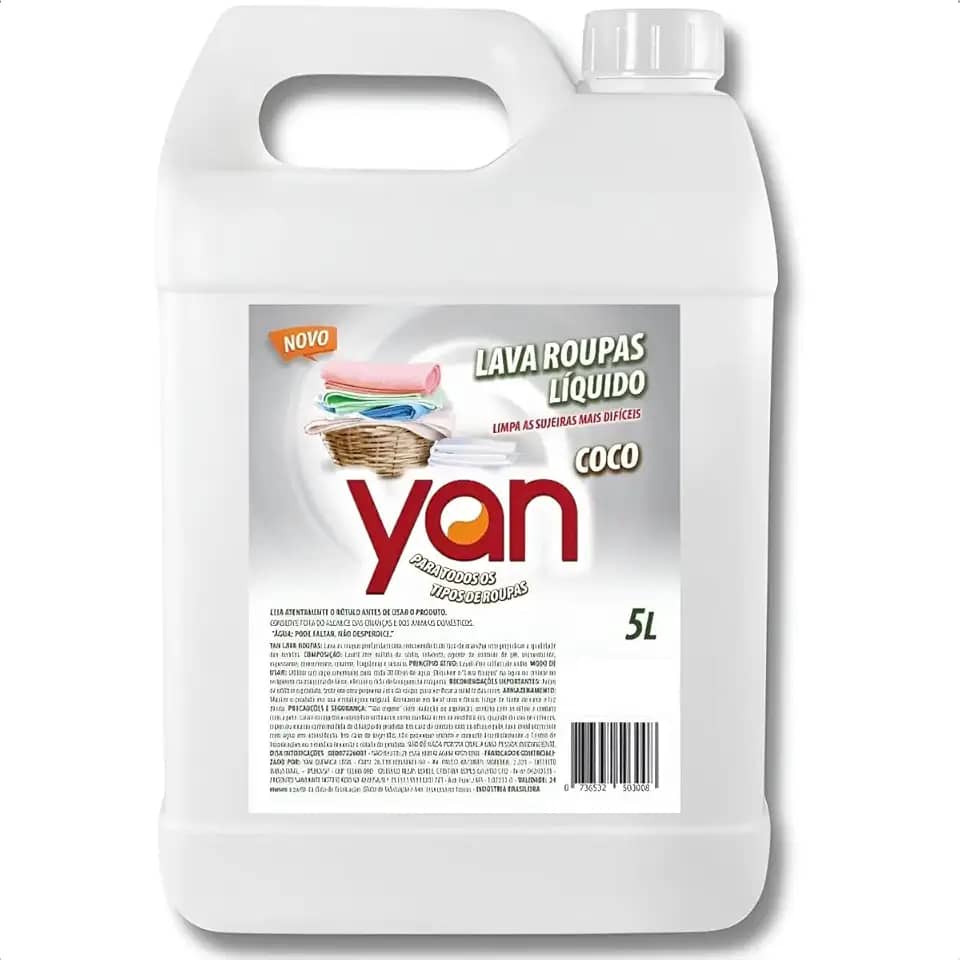 Lava Roupas Líquido de Coco, 5 Litros, Remove Manchas, para Roupas Brancas e Coloridas