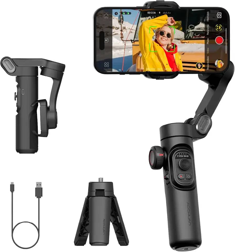 AOCHUAN Estabilizador Gimbal para smartphone, iPhone Gimbal com foco na roda/rastreamento de objetos para iPhone 16 15 Pro Max/Android Estabilizador de telefone portátil dobrável de 3 eixos para