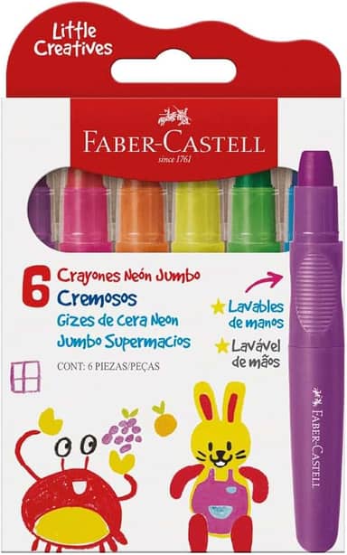 Giz de Cera Jumbo Little Creatives, Neon, Faber-Castell, Supermacio, Grosso, Infantil, Pré-escola, 6 Cores