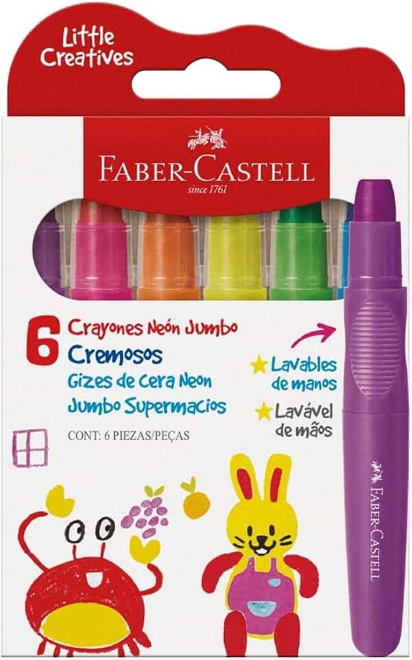 Giz de Cera Jumbo Little Creatives, Neon, Faber-Castell, Supermacio, Grosso, Infantil, Pré-escola, 6 Cores