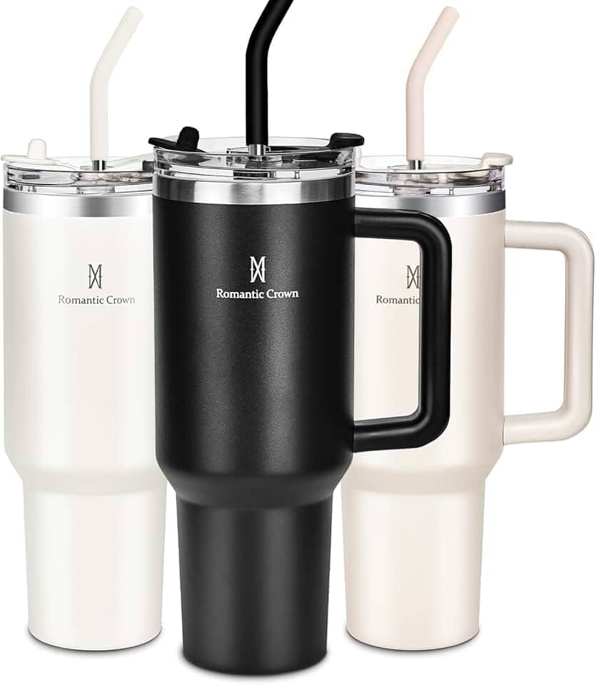 Romantic Crown Copo Térmico com Canudo Tampa e Alça 1,18L, Cops Garrafas Termico para viagem vácuo dupla camada aço inoxidável, Caneca Termica Cafe Água Chá,Presente, Fitness (Preto)