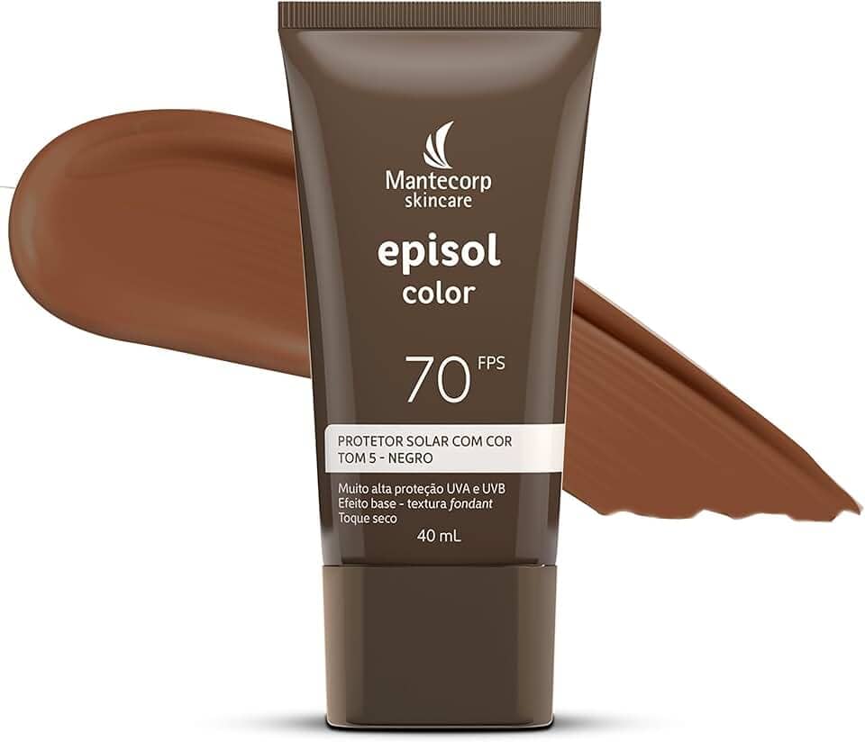 MANTECORP - Protetor Solar Facial Episol Color FPS 70 - Efeito Base, Alta Proteção UVA e UVB, Toque Seco, Rápida Absorção - Tom 5 Negro - 40ml