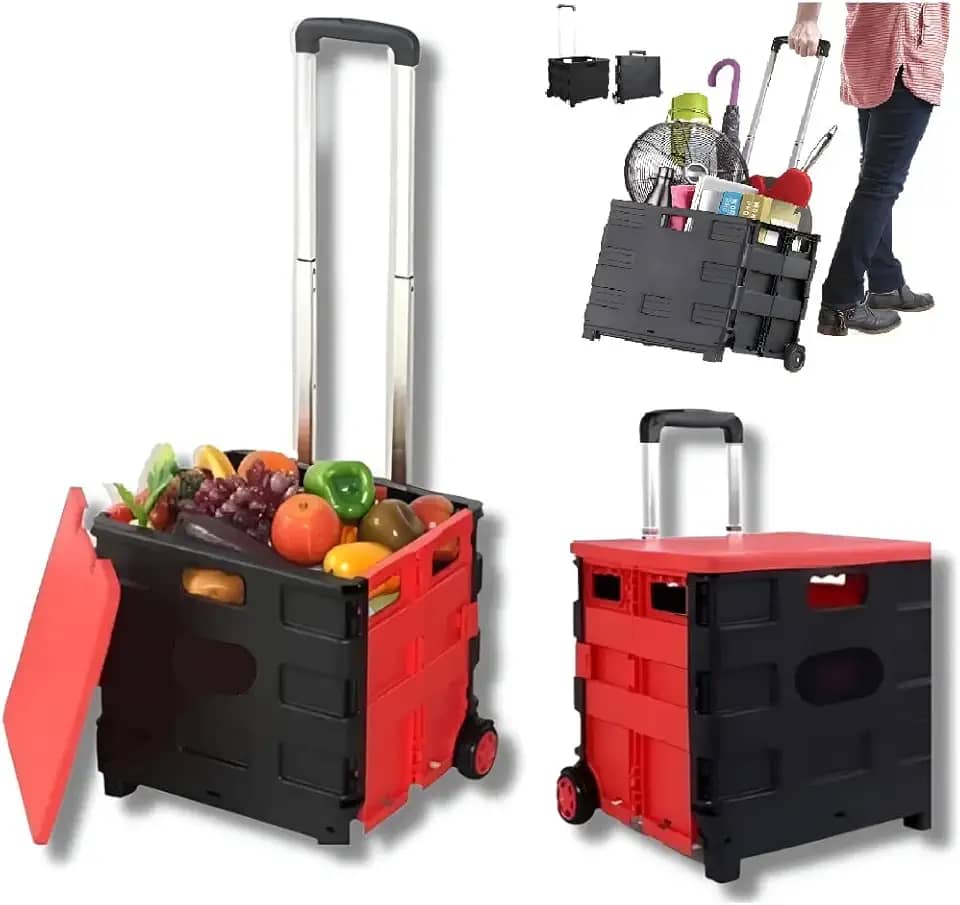 Carrinho De Compras Dobrável Com Rodinhas Reforçado Portátil, Tampa Oculta, Alça Telescópica, Até 35Kg de Carga, 60 Litros, Para Viagens, Compras, Feiras, Mudanças, Ferramentas, Escritório