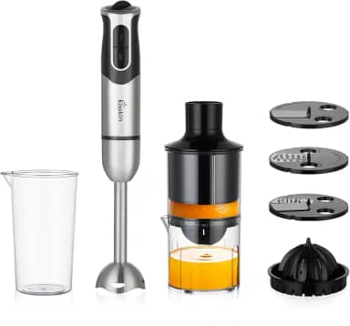 Mixer de Mão Portátil 8 Velocidades 800W Inox KOOKIN Multifuncional com Espremedor de Frutas e 3 Discos de Corte, Lâminas Aprimoradas em Aço Inox 304 - Prepara um Copo de Suco de Laranja em 30s