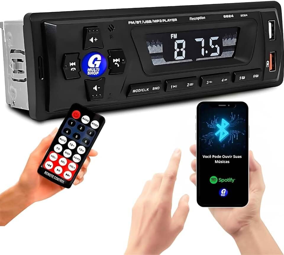 Mp3 Player Som Carro Usb Aux Cartão Sd Rádio Fm com Bluetooth + Controle
