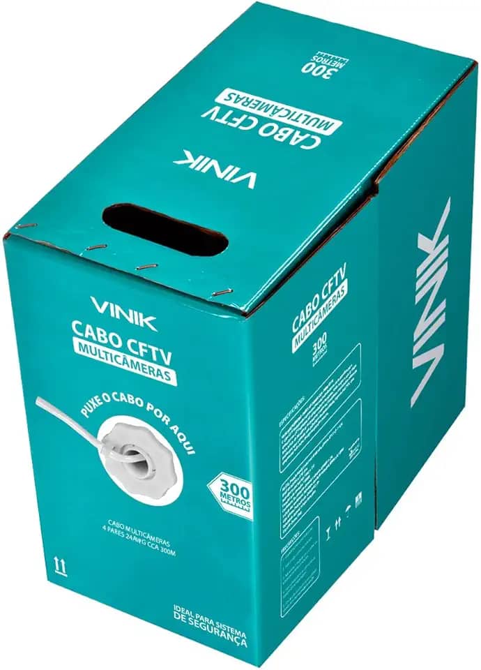CABO MULTICAMERAS 4 PARES TRANÇADOS 24AWG CCA 0,49MM P/CFTV 300 METROS BRANCO – VINIK