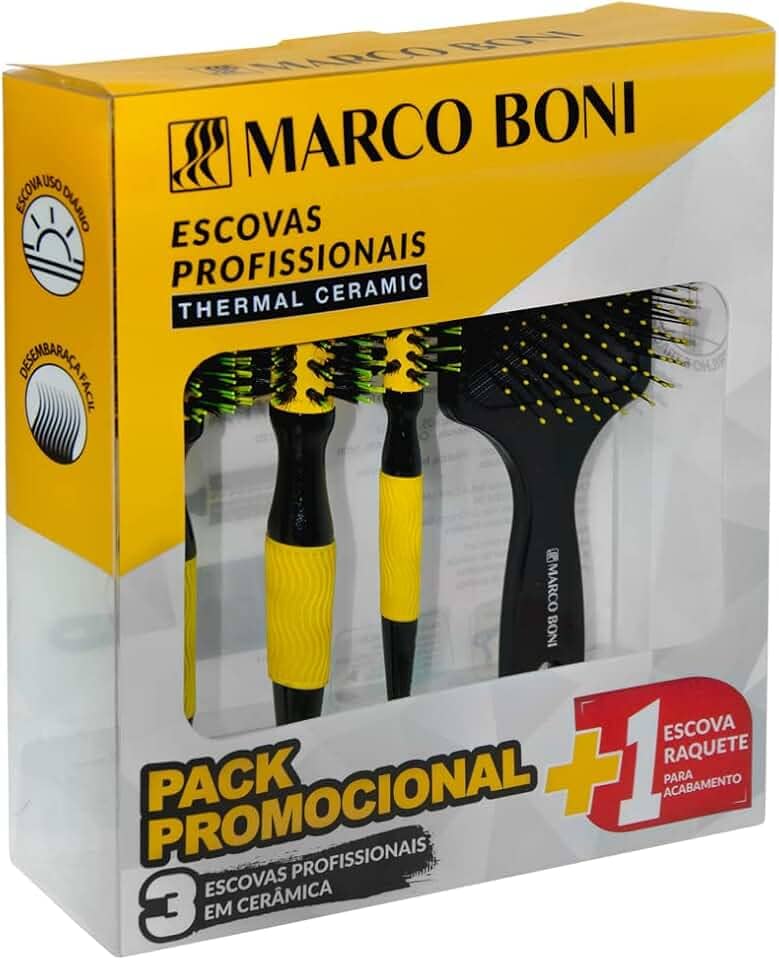 Marco Boni Kit Prof 3 Escovas Thermal Ceramic E 1 Escova Raquete Desembaraçante 6204 Amarelo 4 Unidades.