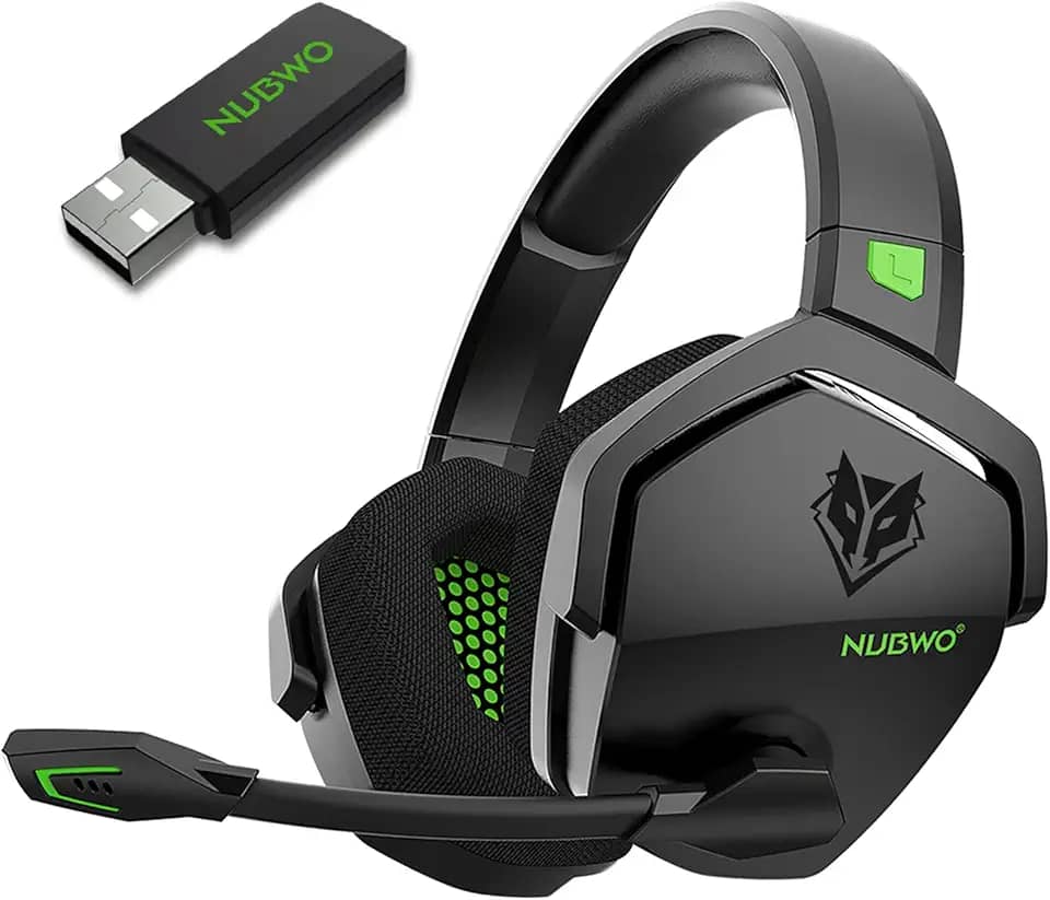 NUBWO Fone de ouvido G06 para jogos sem fio duplo com microfone para PS5, PS4, PC - Áudio de baixa latência de 23 ms - 100 horas de reprodução - Drivers de 50 mm (preto e verde)
