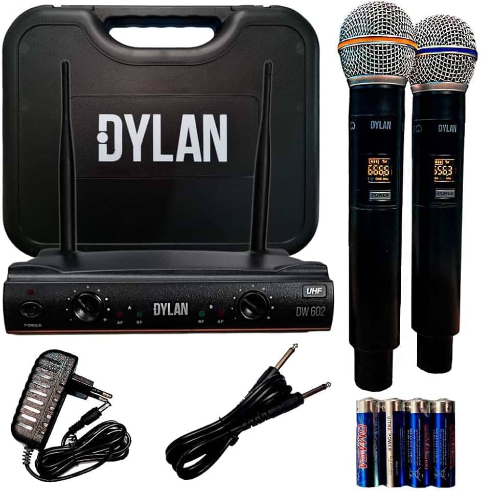 Microfone De Mão Duplo Sem Fio Dylan 26 Canais DW-602 Max