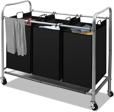 3 Sacos de Cesto de Roupa Suja, Cesto de Roupa Suja com Divisoria, 3 Bag Laundry Hamper Carrinho com Rodas Bloqueáveis de Rolamento Resistente E Sacos Removíveis