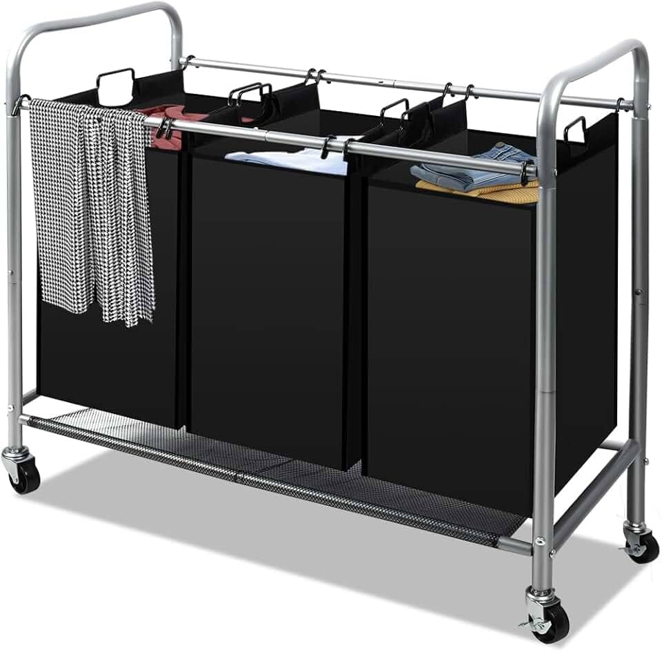 3 Sacos de Cesto de Roupa Suja, Cesto de Roupa Suja com Divisoria, 3 Bag Laundry Hamper Carrinho com Rodas Bloqueáveis de Rolamento Resistente E Sacos Removíveis