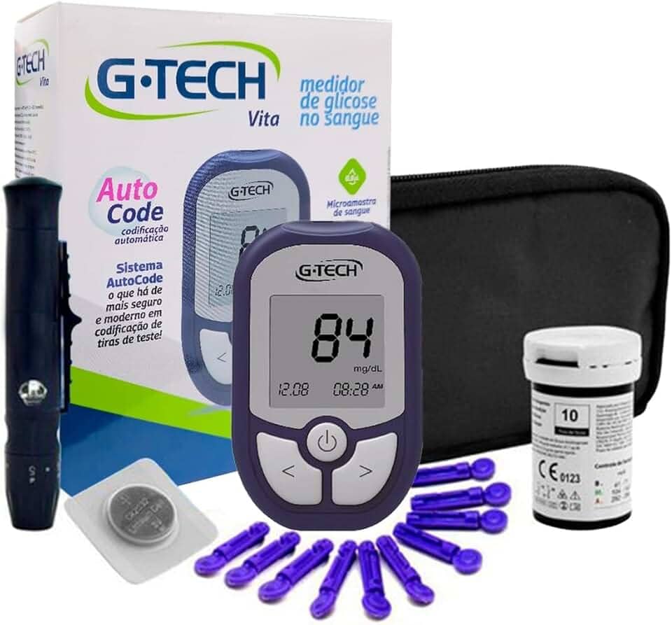 Kit Medidor de Glicose G-Tech Vita Com 10 Tiras + 10 Lancetas E Caneta Lancetadora - Glicosímetro Glicemia