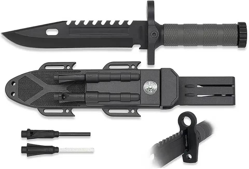 Faca Tática Militar Esportiva Caça Mergulho Pesca Com Bainha Bússola Pederneira Apito Sobrevivência (Tática)