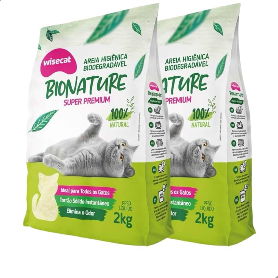 Kit 2 Areia Higiênica Biodegradável 2kg Para Gatos Sanitária BioNature Super Premium Mandioca Natural