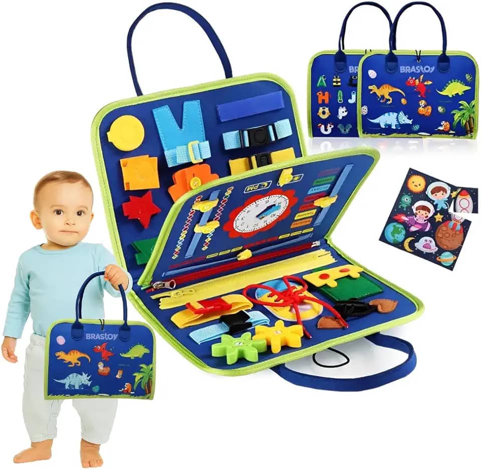 Maleta Educativa Infantil Montessori Brinquedo Sensorial com Atividades de Coordenação Motora, Fechos, Zíper, Relógio e Figuras de Dinossauro