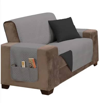 Protetor De Sofá Impermeável 2 Lugares Padrão Liso Dupla Face Tecido Microfibra Cinza/Preto