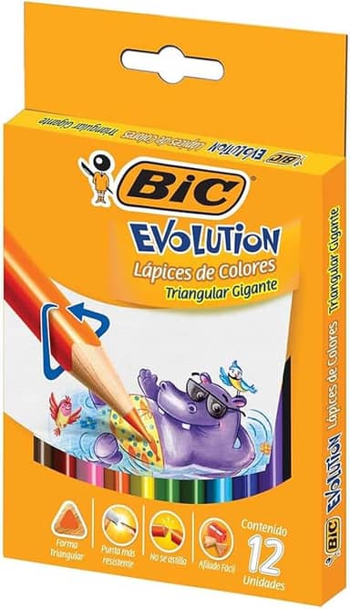 Lápis de Cor Triangular Gigante, BIC Evolution, 891853, 12 Cores, Seguro Para Crianças, Ponta Resistente