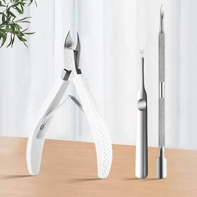 Alicate e cortador de cutículas com alça de silicone com empurrador de cutícula, ferramenta de remoção de aço inoxidável para cuidados com as unhas, itens essenciais para manicure e pedicure