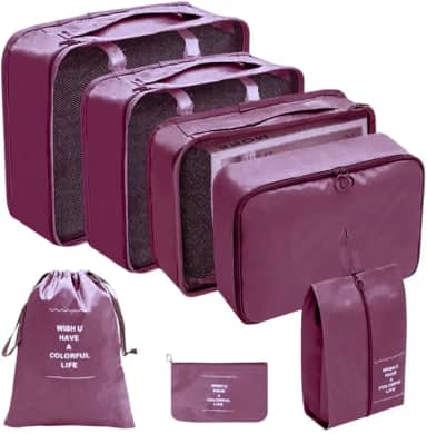 Kit Organizador de Malas para Viagem 7 Peças Conjunto Organizador Roupas Bolsas Necessaire Sapatos Maquiagem Completo Bagagem Organizada Premium (Vinho)
