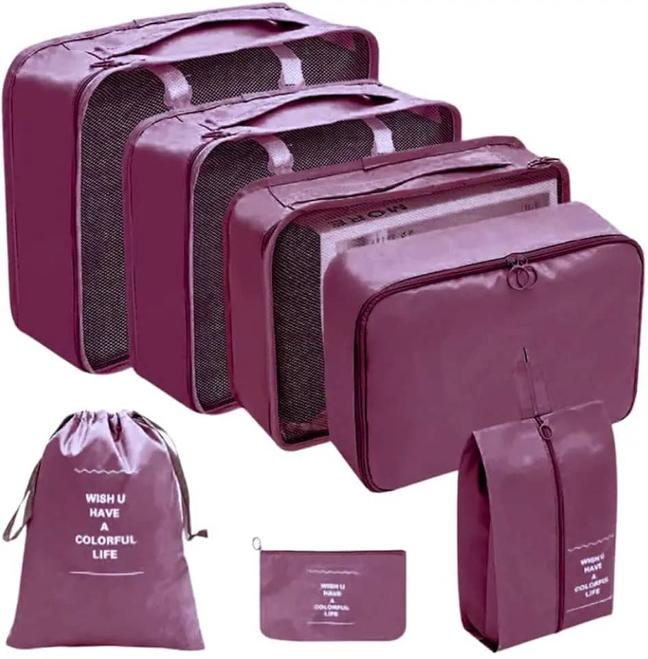 Kit Organizador de Malas para Viagem 7 Peças Conjunto Organizador Roupas Bolsas Necessaire Sapatos Maquiagem Completo Bagagem Organizada Premium (Vinho)