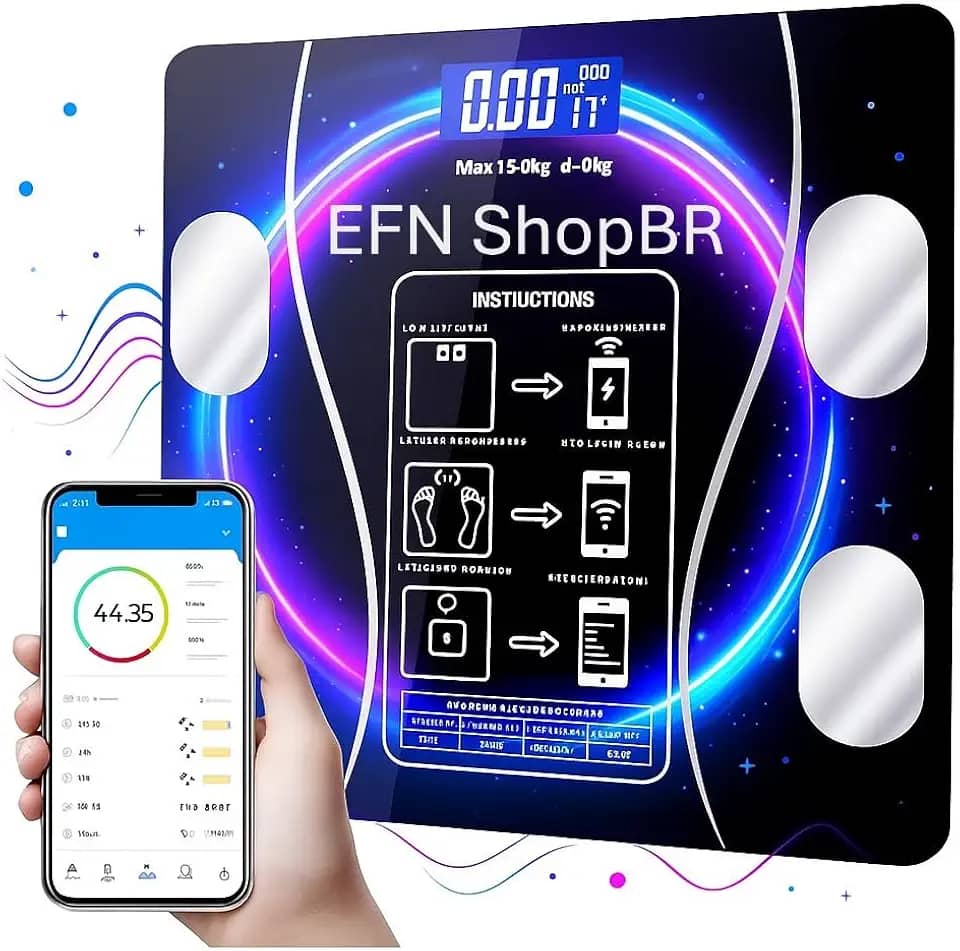 Top 1 Balança Digital de Bioimpedância até 180kg - Sistema de Análise Corporal Avançada e Medição de Gordura via Bluetooth Compatível com App Android e IOS