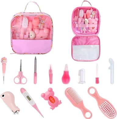 Kit Higiene Bebê Premium 13 em 1 - Estojo Completo com Tesoura, Pente, Termômetro, Cortador - Bolsa Organizada e Livre de BPA (Rosa) (Rosa)