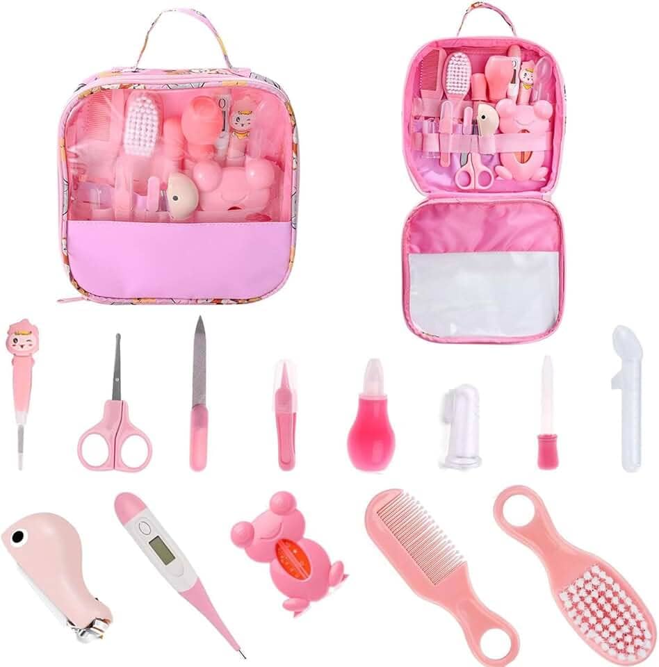 Kit Higiene Bebê Premium 13 em 1 - Estojo Completo com Tesoura, Pente, Termômetro, Cortador - Bolsa Organizada e Livre de BPA (Rosa) (Rosa)