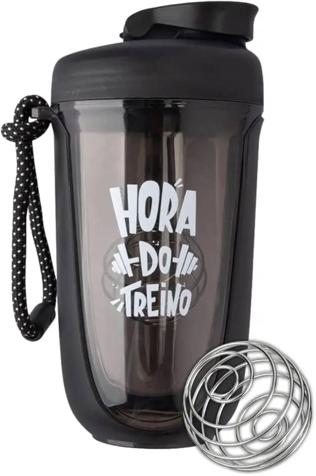 Coqueteleira Shakeira Whey para Academia e Treino com Misturador e Alça Esfera Mola Frase Hora do Treino 550 Ml (Preto)