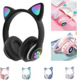 Fone De Ouvido Com Led Infantil Orelhinha Gato MUSICA SEM FIO COLORIDO GATINHO Bluetooth (PRETO)