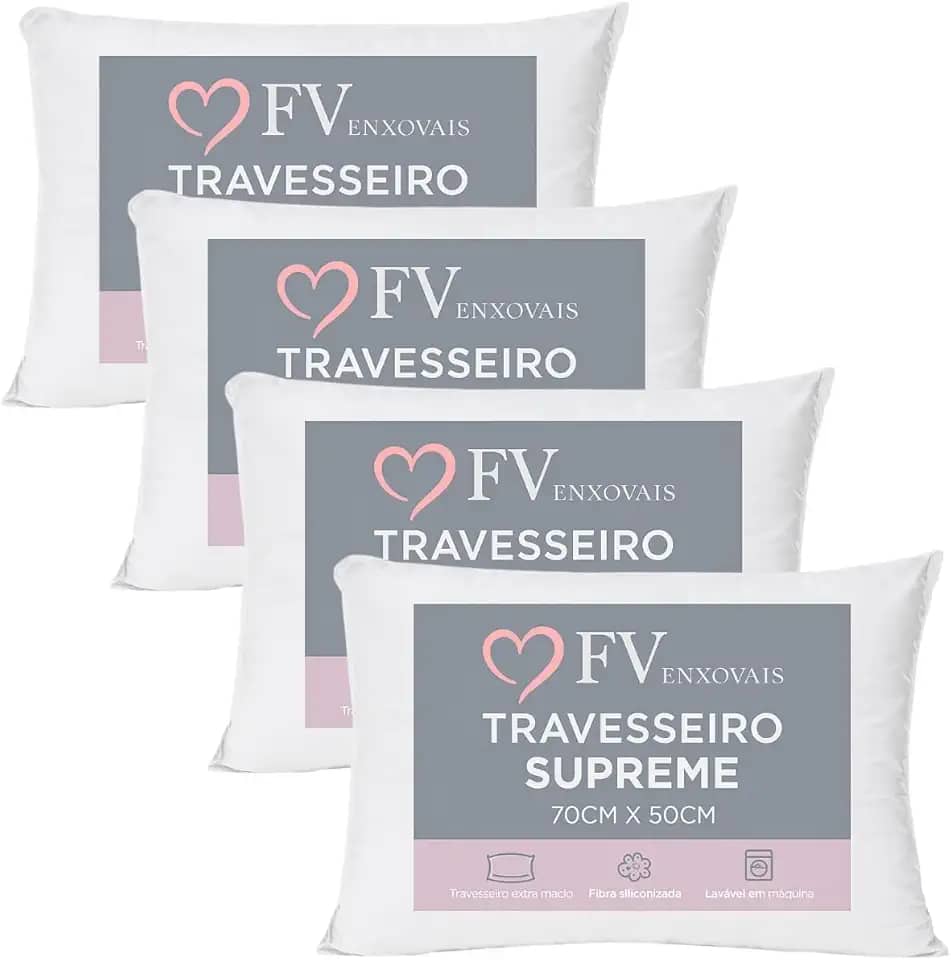 4 Travesseiros Antialérgico Toque Macio Textura Firme Lavável na Máquina Fibra Siliconada Tamanho Padrão 70x50 (4)
