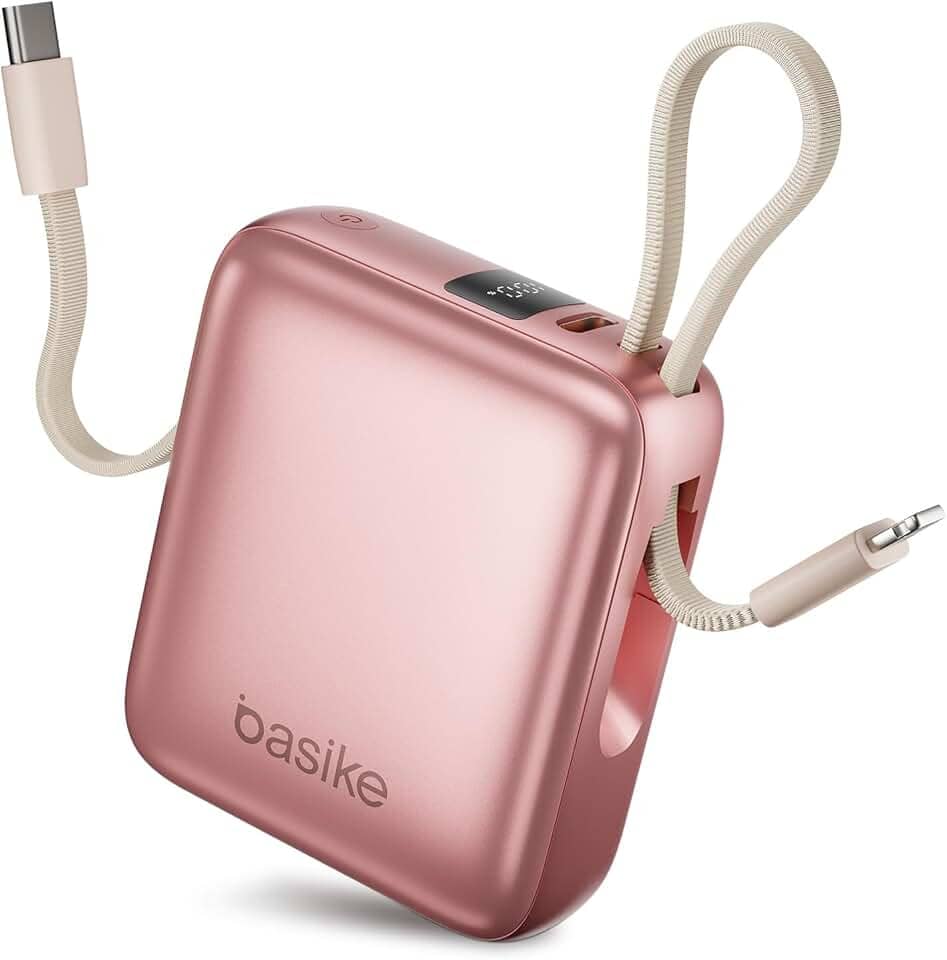 Basike Carregador Portátil 10000mAh, Mini Power Bank com Cabos Integrados, Carregamento Rápido 22.5W(MAX), Pequeno, Led Indicador de Bateria para iPhone/Samsung/Huawei/Xiaomi, etc (Rosa)