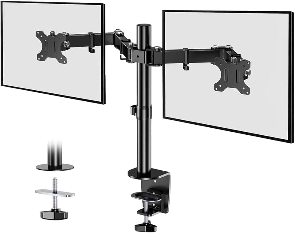 BAZIK Suporte Articulado para Monitor – Braço Articulado Ajustável para Monitores de 13-32" com Peso Máximo de 10kg em Cada Braço, Suporte para Monitor Duplo com Gerenciamento de Cabos – Preto