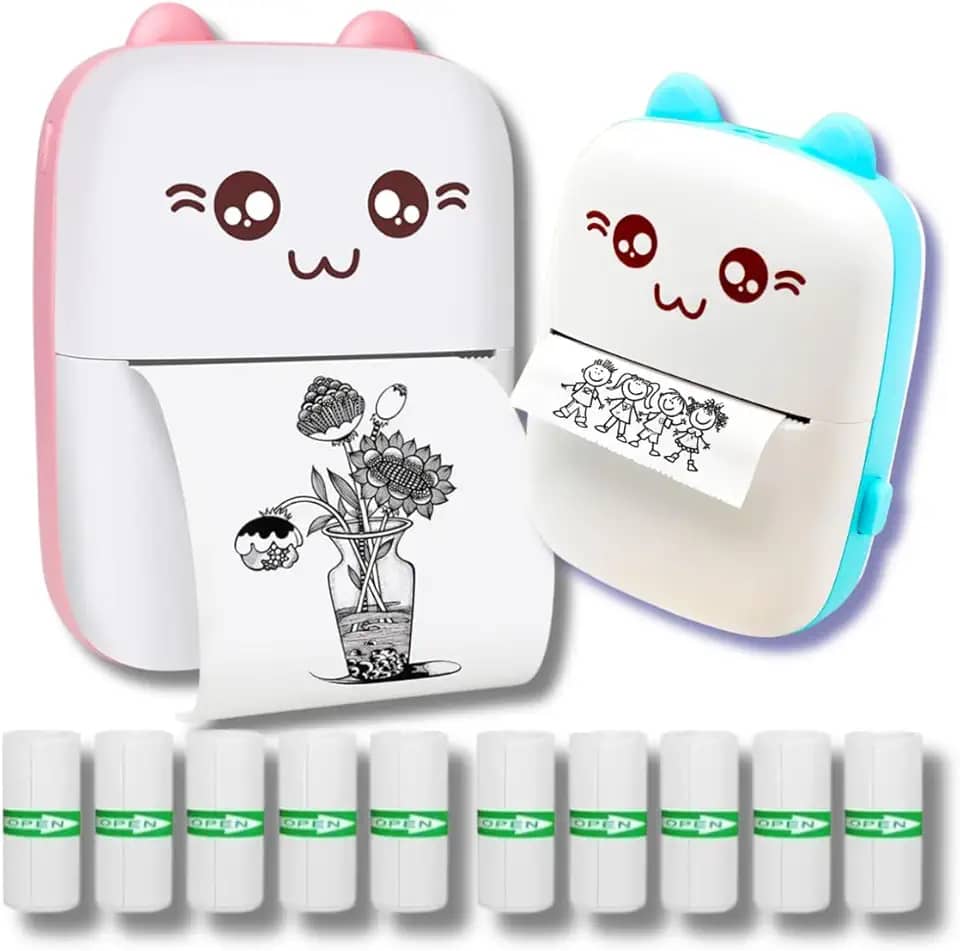 Mini impressora térmica portátil sem fio 200dpi (Azul) + 10 rolos papel adesivo térmico e 1 rolo comum 57 * 30mm impressão bluetooth para fotos scanners, etiquetas (azul)