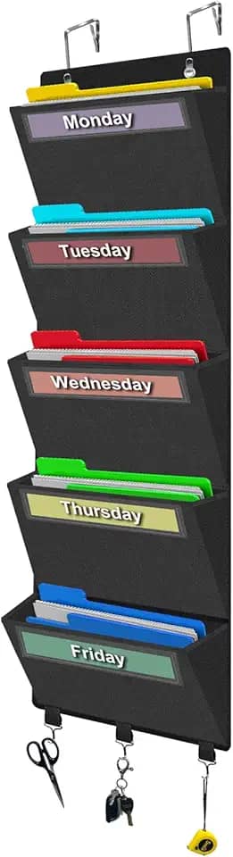 homyfort Organizador de arquivos semanal sobre a porta, pastas de arquivo suspensas, organizador de parede com 5 bolsos grandes para papéis, gráficos, correspondências, revistas, escritório