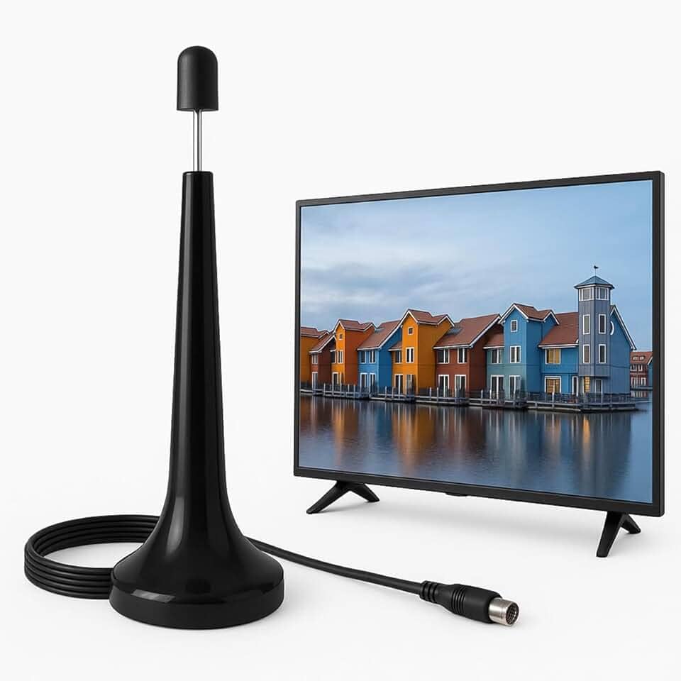 Antena de TV Digital Interna e Externa 4K HDTV UHF/VHF/FM, à Prova d’Água, Base com Imã e Cabo de 5m – Compatível com TVs Samsung, LG, Philco, Philips, AOC, Smart TV, LED, LCD