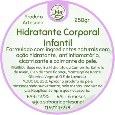 Alergias Dermatite Eczema e pele sensível? Hidratante Infantil Natural com Camomila, Lavanda e Aveia, Livre de Parabenos (250 gramas)