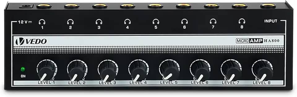 Amplificador de Fones VEDO HA800-P (8 Canais) com Controle Individual de Volume, Entrada Áudio Profissional, Ideal para Gravação e Uso Multiusuário