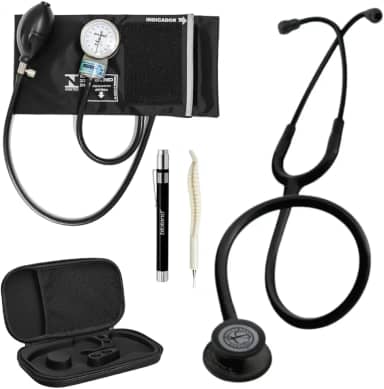 Kit Estetoscópio Black Edition 5803 + Esfigmomanômetro + Case + Lanterna Clínica + Caneta de Osso