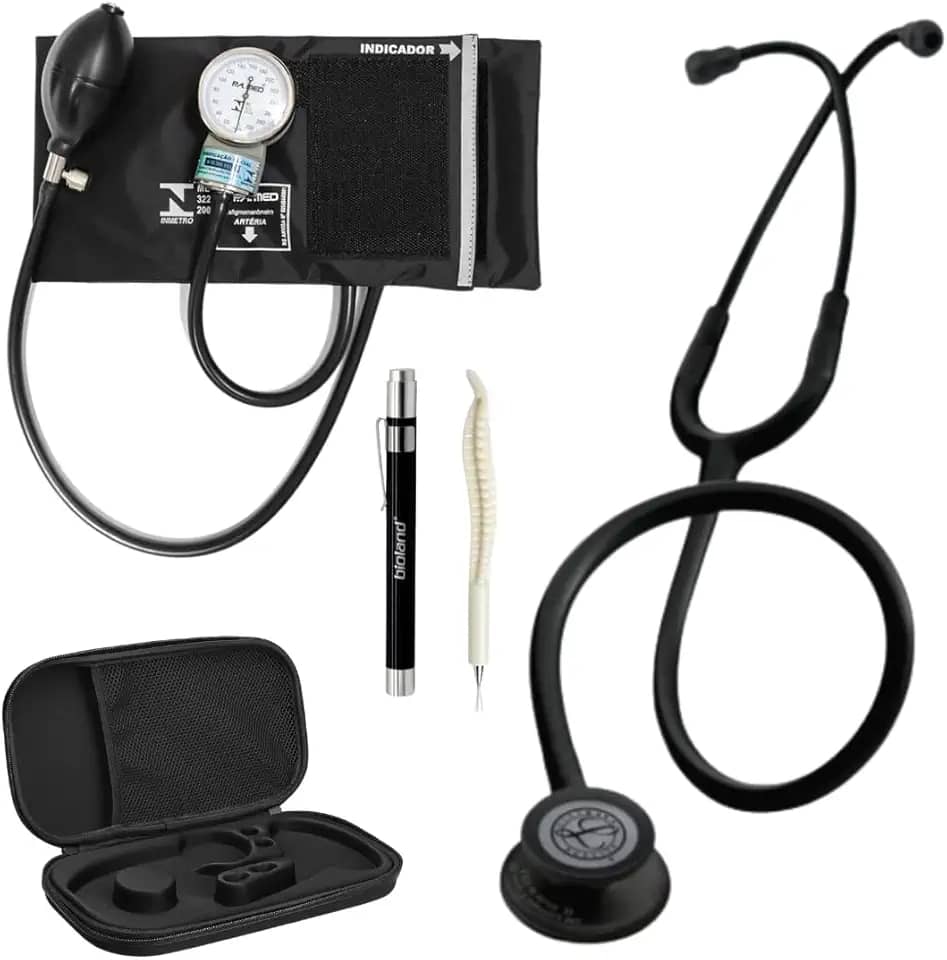 Kit Estetoscópio Black Edition 5803 + Esfigmomanômetro + Case + Lanterna Clínica + Caneta de Osso