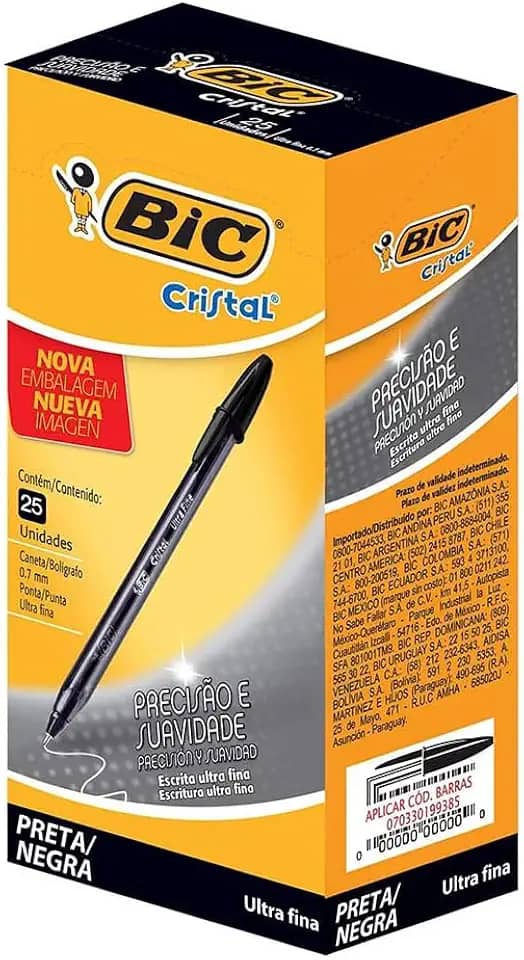 Caneta Esferográfica BIC Cristal Precisão e Suavidade, Preta, Ponta Ultra Fina, 0.7mm, 902489, 25 unidades