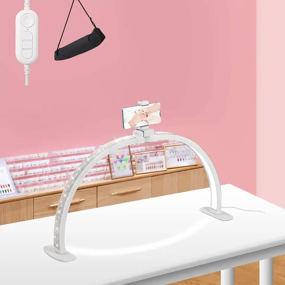 Luz de meia lua atualizada com suporte de telefone, luz de meia lua dobrável de 58 cm para mesa de unhas, luminária de mesa de unhas com escurecimento contínuo e temperatura de cor (pequeno-53