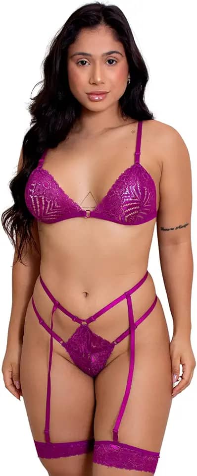 Conjunto Lingerie Renda Gladiadora Completo Cinta Liga Kln