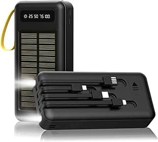 Power Bank 20000mAh Portatil com 4 Cabos Integrados e 5 Saídas para Carregamento de Todos os Dispositivos Móveis, 2 Entradas, Carregador Portatil Solar com Lanternas Duplas para Camping