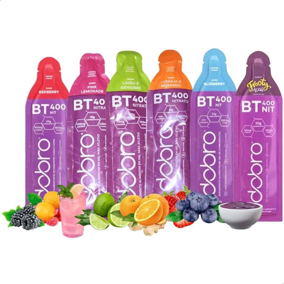 Kit BT Nitrato Gel, 6 Sachês, Sabores Variados com e sem Cafeína, 30g cada, Suplemento Energético para Atletas