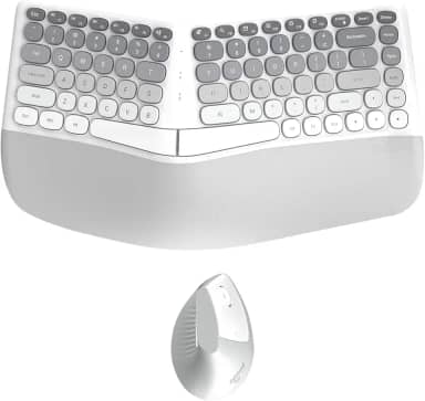 TISHLED Conjunto ergonômico de teclado e mouse sem fio com descanso de pulso, teclas divididas curvas, silencioso, 84 teclas, conjunto de mouse vertical de 6 teclas para Win/Mac/PC/laptop, pilhas AAA