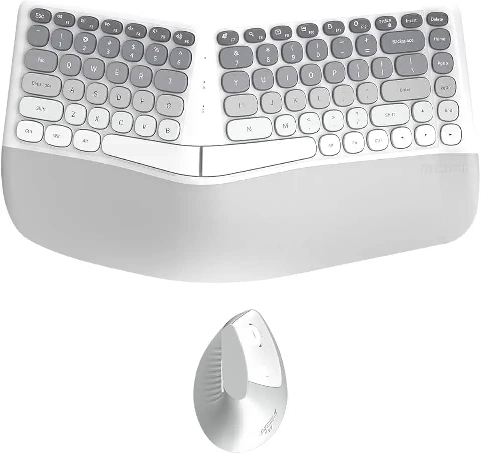 TISHLED Conjunto ergonômico de teclado e mouse sem fio com descanso de pulso, teclas divididas curvas, silencioso, 84 teclas, conjunto de mouse vertical de 6 teclas para Win/Mac/PC/laptop, pilhas AAA