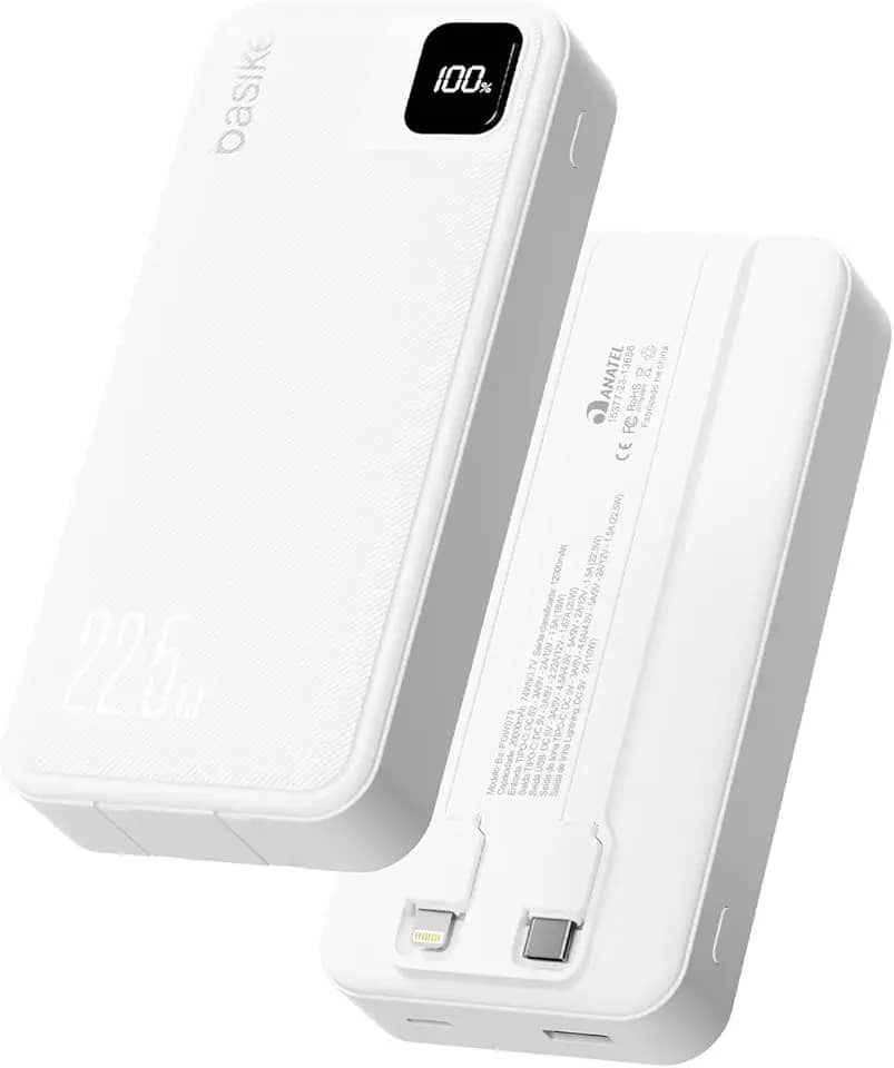 Basike Power Bank, Carregador Portátil Universal 20000mAh, USB-A(até 22.5W)+USB-C(até PD20W), com 2 Cabos Integrados (USB-C, Lightning) Carregamento Rápido, Led Indicador de Bateria (Branco)