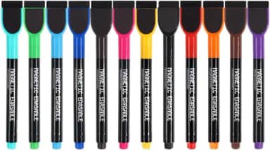 Kit 12 Canetas Magnéticas Quadro Branco Lousa Porta Recado Geladeira C/Apagador Ponta Fina Colorida