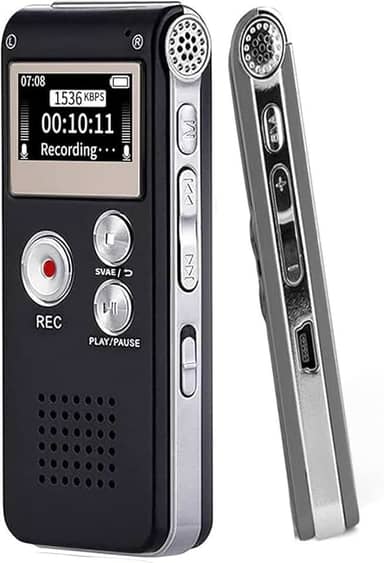 Gravador de Voz Digital 16GB com Redução de Ruído e Ativação por Voz - Dictafone Recarregável via USB para Palestras, MP3 Player, 30h Gravação, Proteção por Senha
