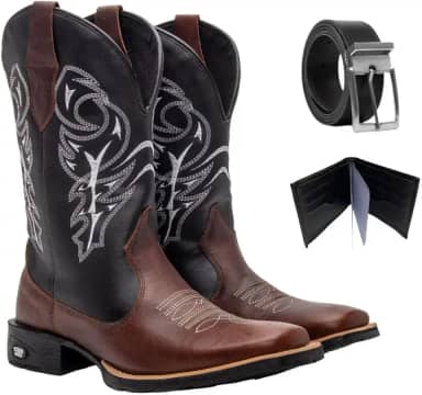 Kit Bota Texana Masculina Couro Country Casual Campo Café Delegada com Carteira e Cinto